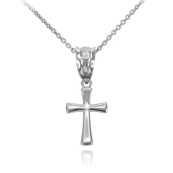 14k White Solid Gold Mini Cross Pendant Necklace